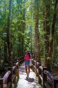 Rear view of woman standing in forest