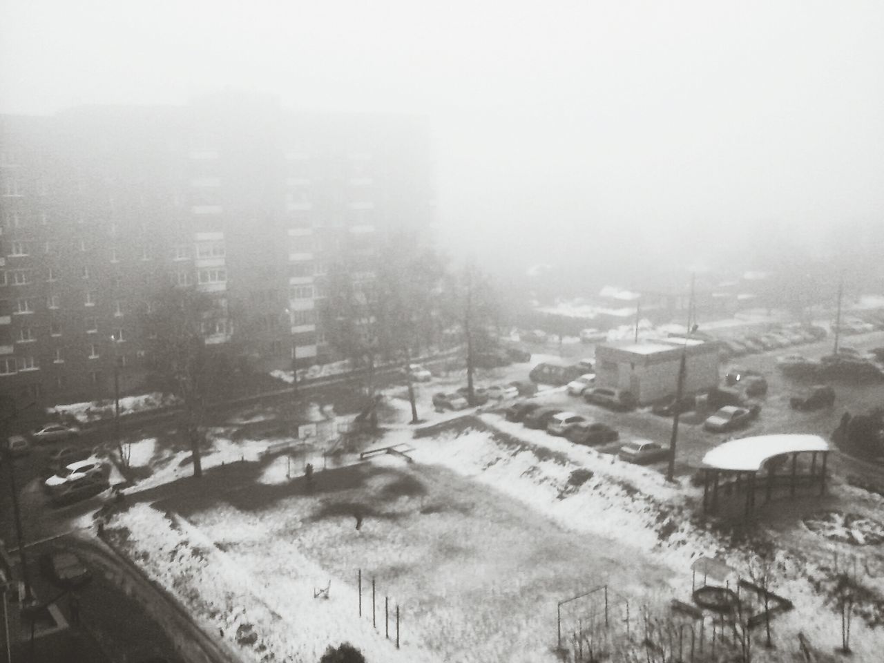 building exterior, architecture, built structure, winter, snow, cold temperature, weather, high angle view, season, city, fog, cityscape, residential building, residential structure, house, residential district, foggy, covering, tree