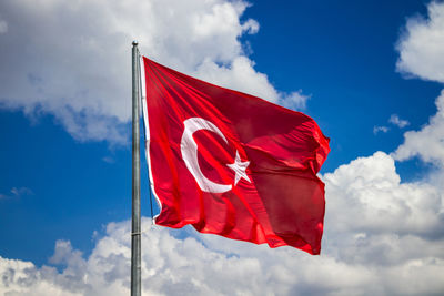 Low angle view of flag against sky