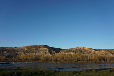 Scenic view of lake and mountains against clear blue sky