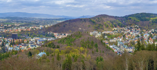 Panoramic view of karlovy vary from diana observation tower on hill, czech republic