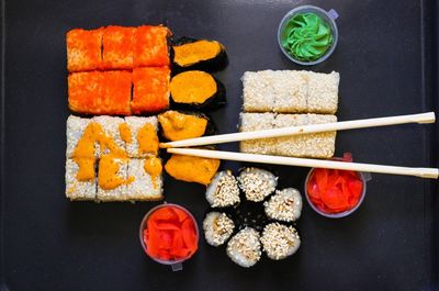 High angle view of sushi on plate