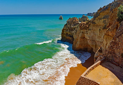 Scenic view of sea and rocks against sky