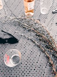 High angle view of beer bottles