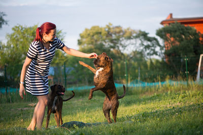 Mid adult woman playing with dogs while standing on grassy field against sky at park