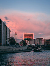 Buildings at waterfront during sunset