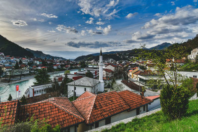 High angle view of townscape against sky
