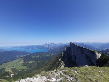 Scenic view of mountains against clear blue sky