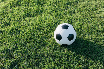 High angle view of soccer ball on field