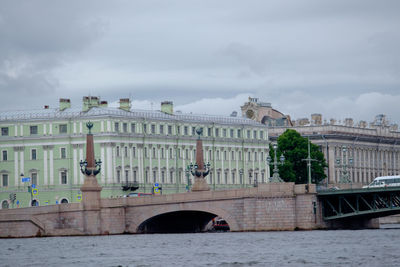 Bridge over river by buildings in city against sky