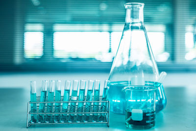 Close-up of test tubes and liquid in laboratory