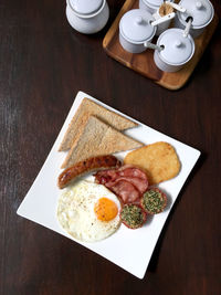 High angle view of breakfast served on table