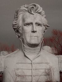 Close-up portrait of statue against bare tree