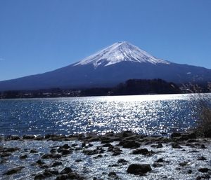 Scenic view of snowcapped mountains against clear sky