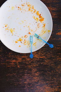 High angle view of cake in plate on table