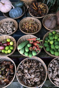 High angle view of vegetables and fruits at market stall