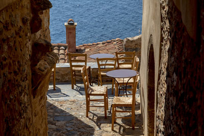 High angle view of chairs at beach