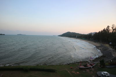 High angle view of sea against sky during sunset