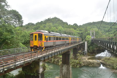 Train on bridge over river against sky