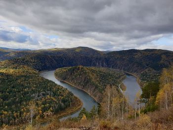 Panoramic view of the bend of the river in sibir. river mana.