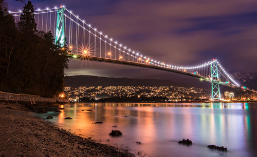 Illuminated suspension bridge over river at night