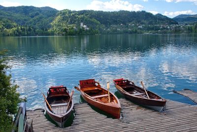 Boats on the wooden board on the bled lake in slovenia