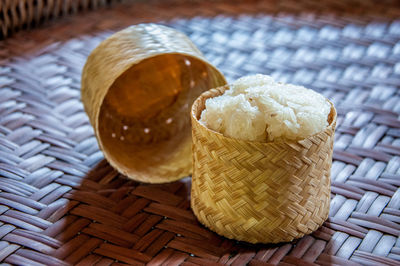 Close-up of ice cream in basket on table