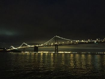 Suspension bridge over river at night