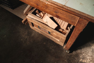 High angle view of old telephone on table
