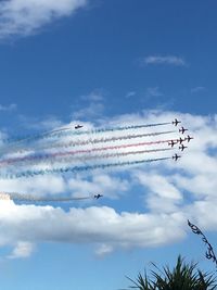 Low angle view of airplane flying against sky