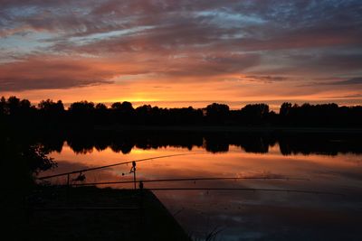 Scenic view of lake against orange sky