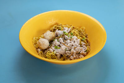 High angle view of soup in bowl