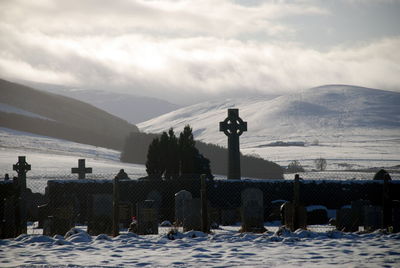 Snow covered mountains against sky