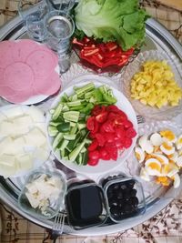 High angle view of chopped fruits in bowl