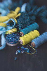 Close-up of colorful thread spools