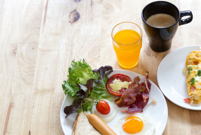 High angle view of breakfast served on table