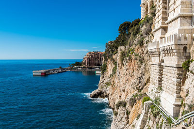 Panoramic shot of sea and buildings against clear blue sky