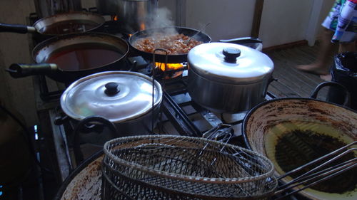 High angle view of food cooking on stove