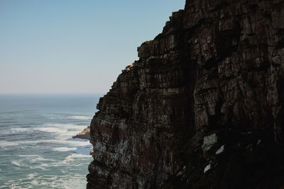 Rock formations by sea against clear sky