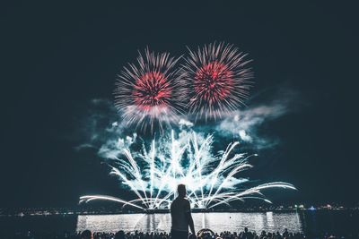 Rear view of silhouette fireworks against sky at night