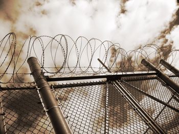 Low angle view of chainlink fence and razor wire against sky