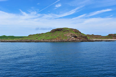 Scenic view of sea against blue sky