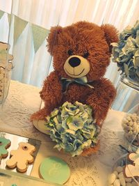High angle view of stuffed toy on bed at home
