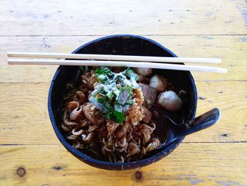 High angle view of food in bowl on table