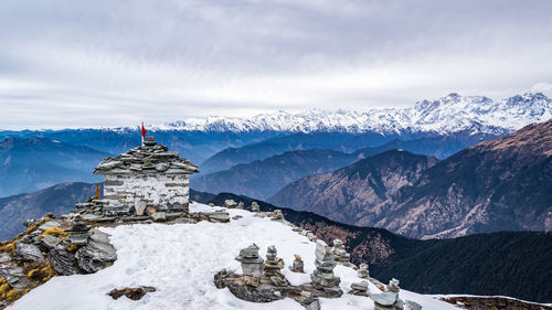 Scenic view of snowcapped mountains against sky