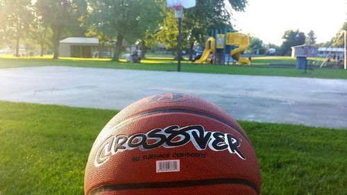 Close-up of ball on field against trees