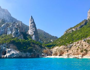 Scenic view of sea against clear blue sky