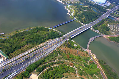 High angle view of highway by bridge in city