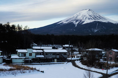Houses on snowcapped mountain against sky