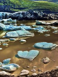 High angle view of water flowing through rocks